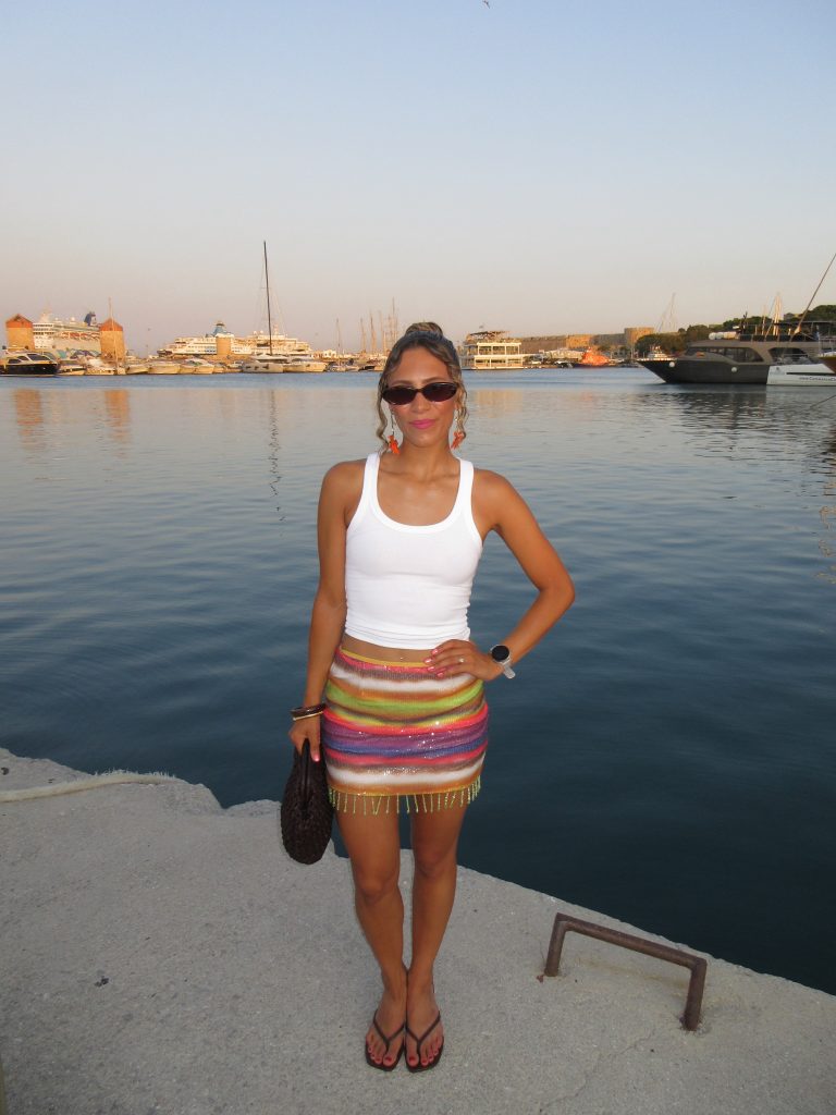 A Beaded Rainbow Mini Skirt and White Tank: Marina Dressing with Just the Right Amount of Fun